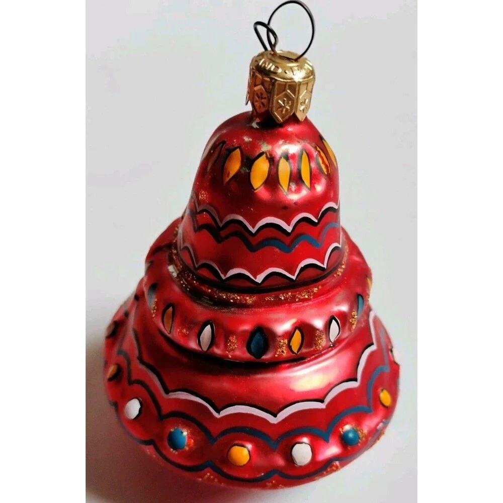 Vintage Poland Glass Christmas Ornament Red Tiered Cake Pagoda Bell Hand Painted